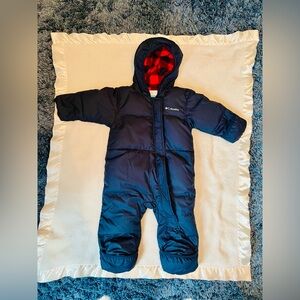 Columbia Navy Blue Snowsuit with Red Plaid Interior
